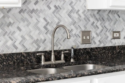 12x12 Arctic Mist Herringbone Marble Mosaic Tile sheet with soft white-grey polished finish – TF Renovations Mississauga