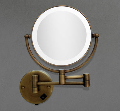 8" Circle Wall Mounted LED Vanity Makeup Mirror 1x and 3x Magnification in Antique Brass
