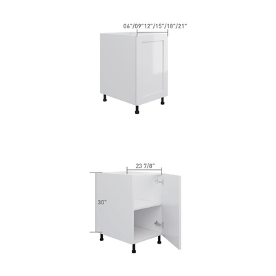 Full-height base cabinet with 1 door, dimensioned line drawing