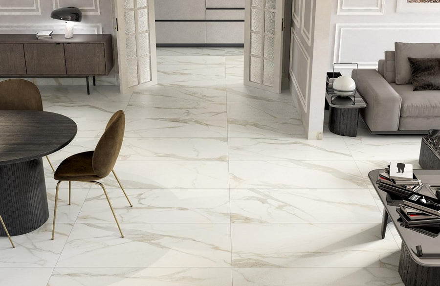 12x24 Calacatta Grigio Polished Porcelain Tile with soft grey veining – TF Renovations Mississauga