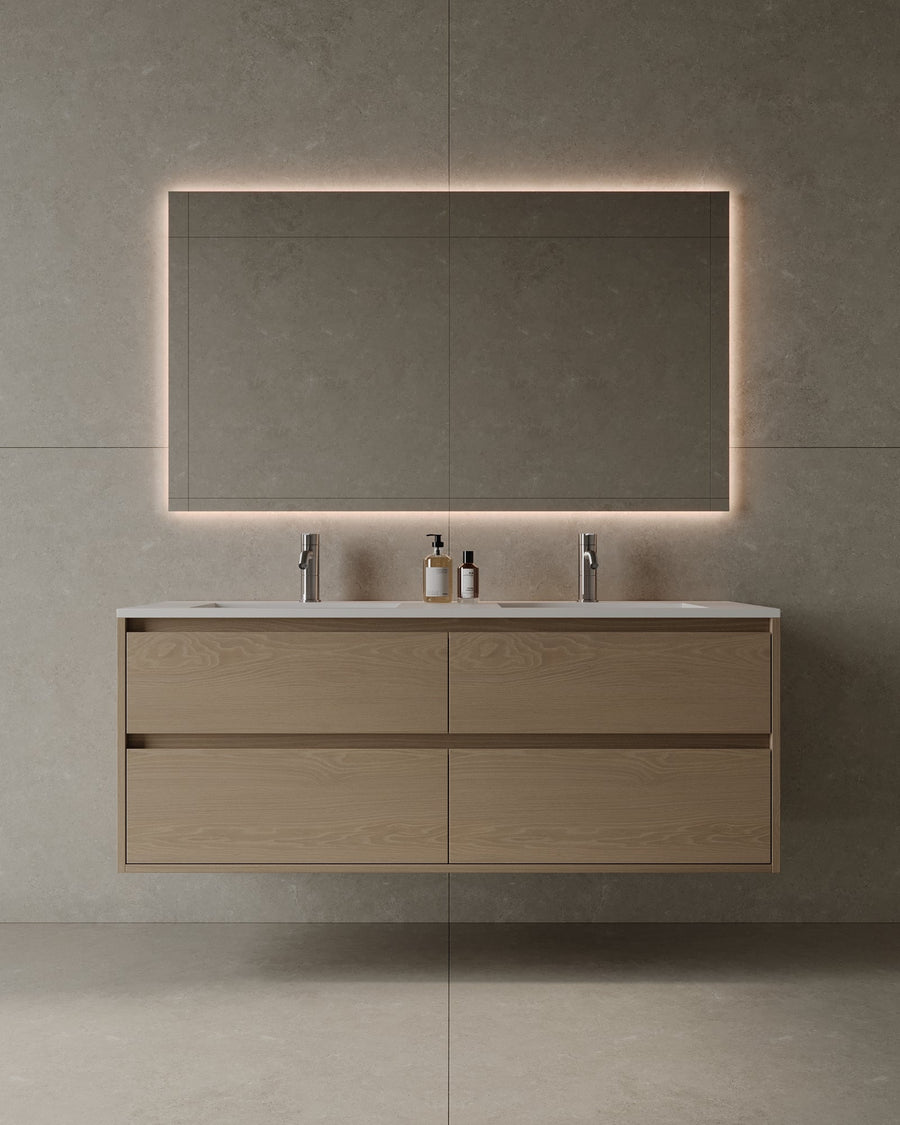 55" Double Sink Wall-Mounted Wood Veneer Vanity With Solid Surface Basin