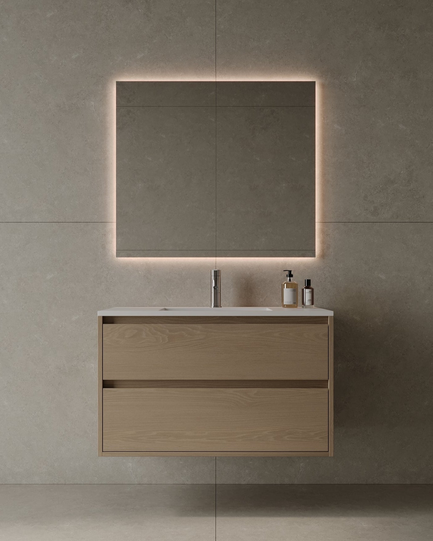 36" Wall-Mounted Wood Veneer Vanity With Solid Surface Basin