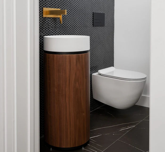 15-Inch Freestanding Pedestal Basin with solid-surface sink and walnut veneer base – TF Renovations Mississauga