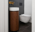 15-Inch Freestanding Pedestal Basin with solid-surface sink and walnut veneer base – TF Renovations Mississauga