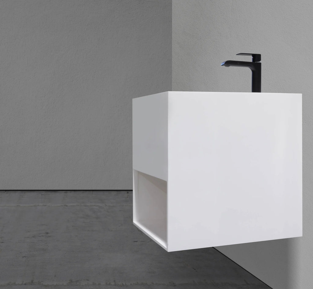 16-Inch wall-mounted square matte white basin in small Mississauga powder room renovation