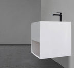 16-Inch wall-mounted square matte white basin in small Mississauga powder room renovation