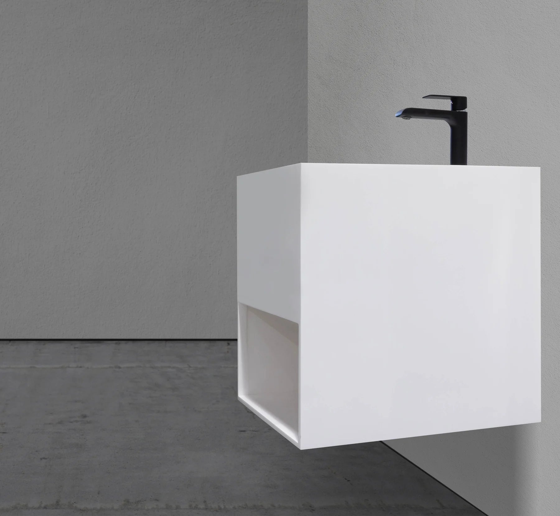 16-Inch wall-mounted square matte white basin in small Mississauga powder room renovation