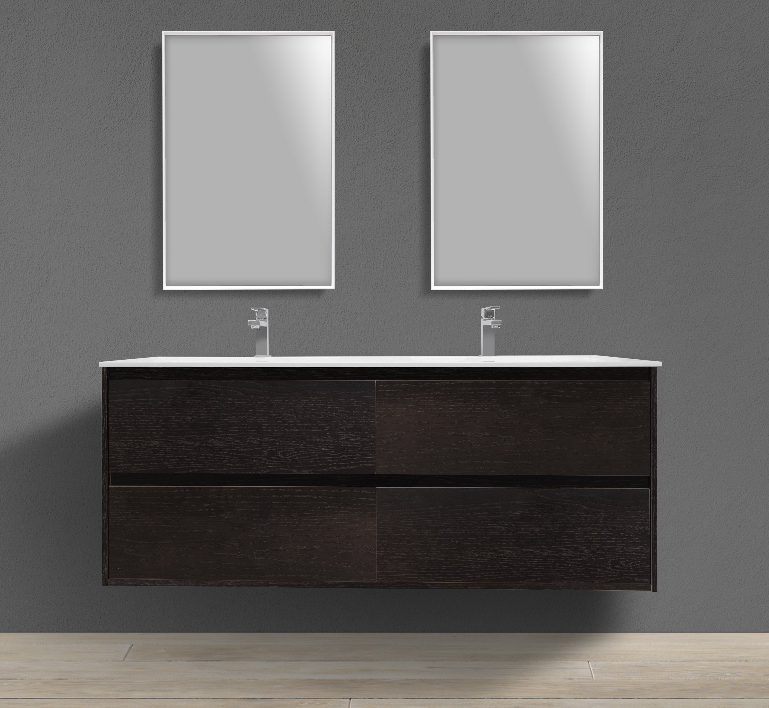 55" Double Sink Wall-Mounted Wood Veneer Vanity With Solid Surface Basin
