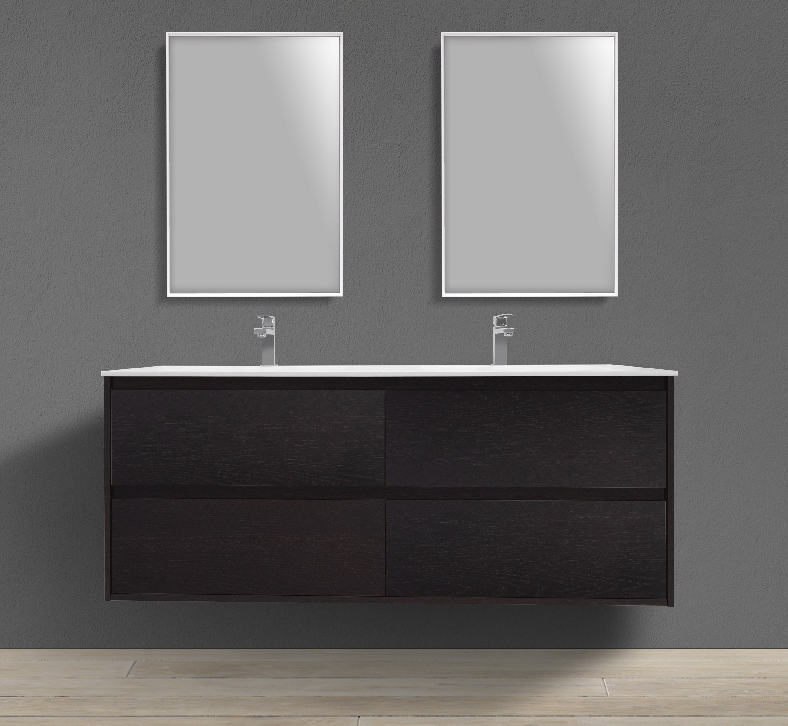 55" Double Sink Wall-Mounted Wood Veneer Vanity With Solid Surface Basin