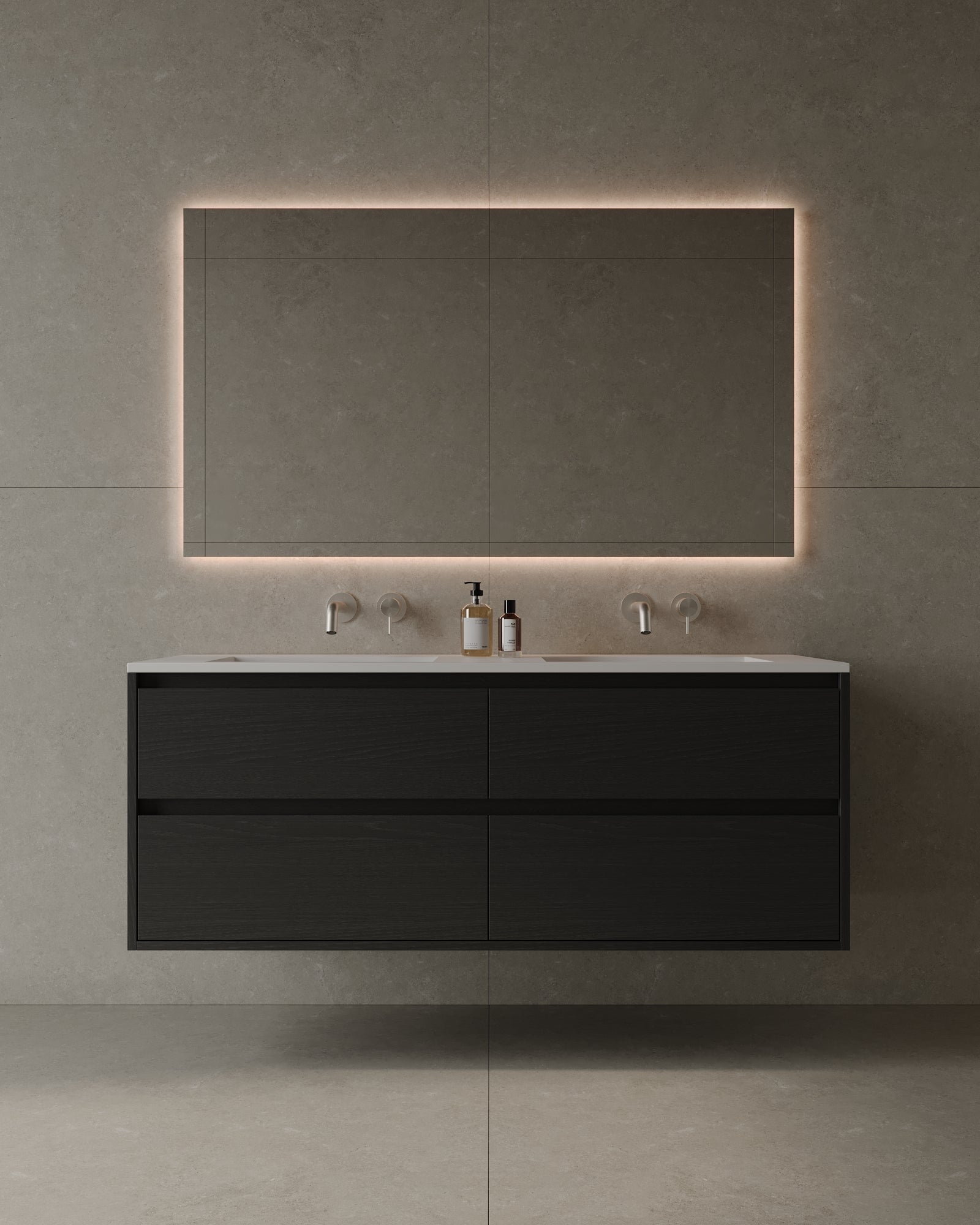 55" Double Sink Wall-Mounted Wood Veneer Vanity With Solid Surface Basin