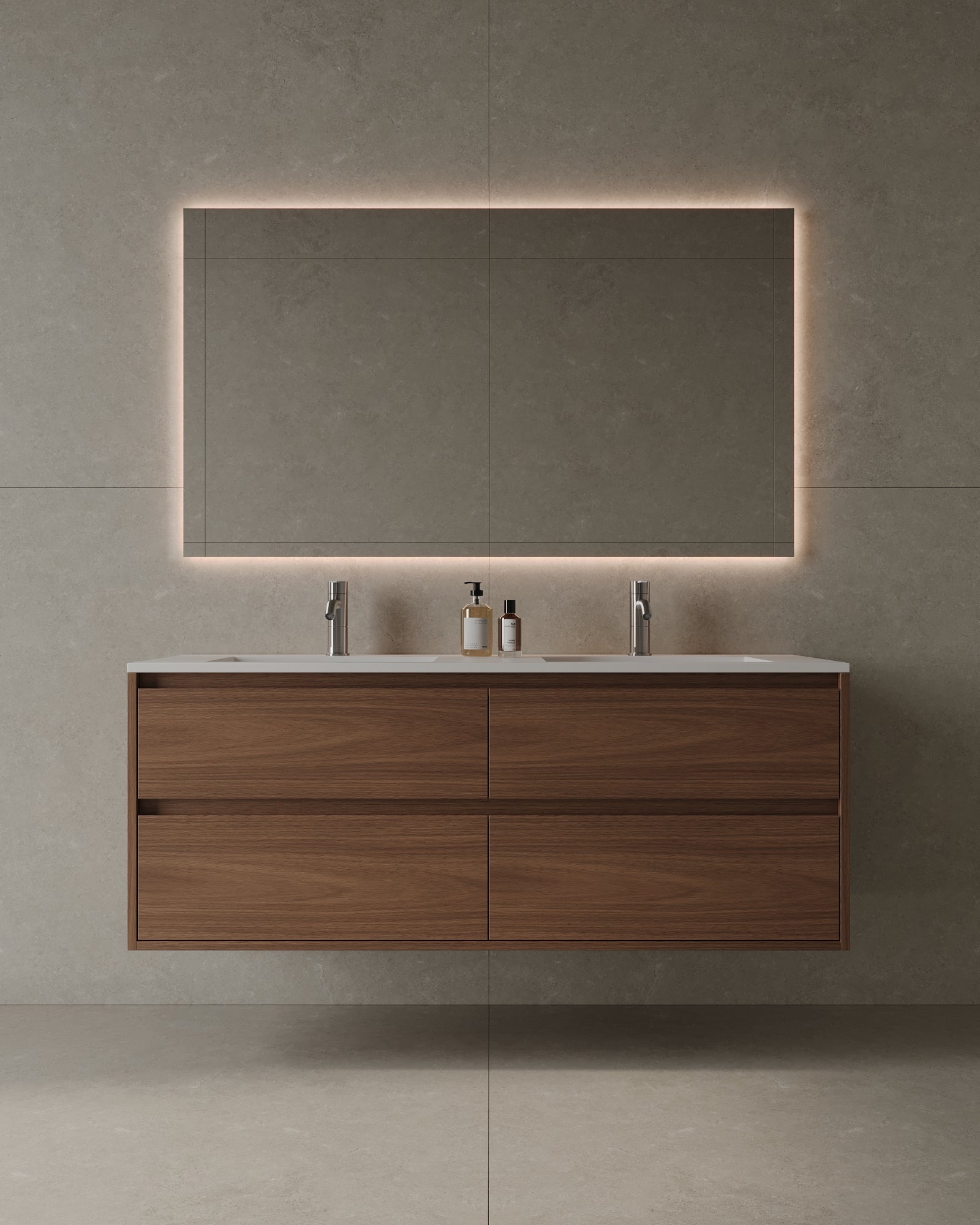 55" Double Sink Wall-Mounted Wood Veneer Vanity With Solid Surface Basin
