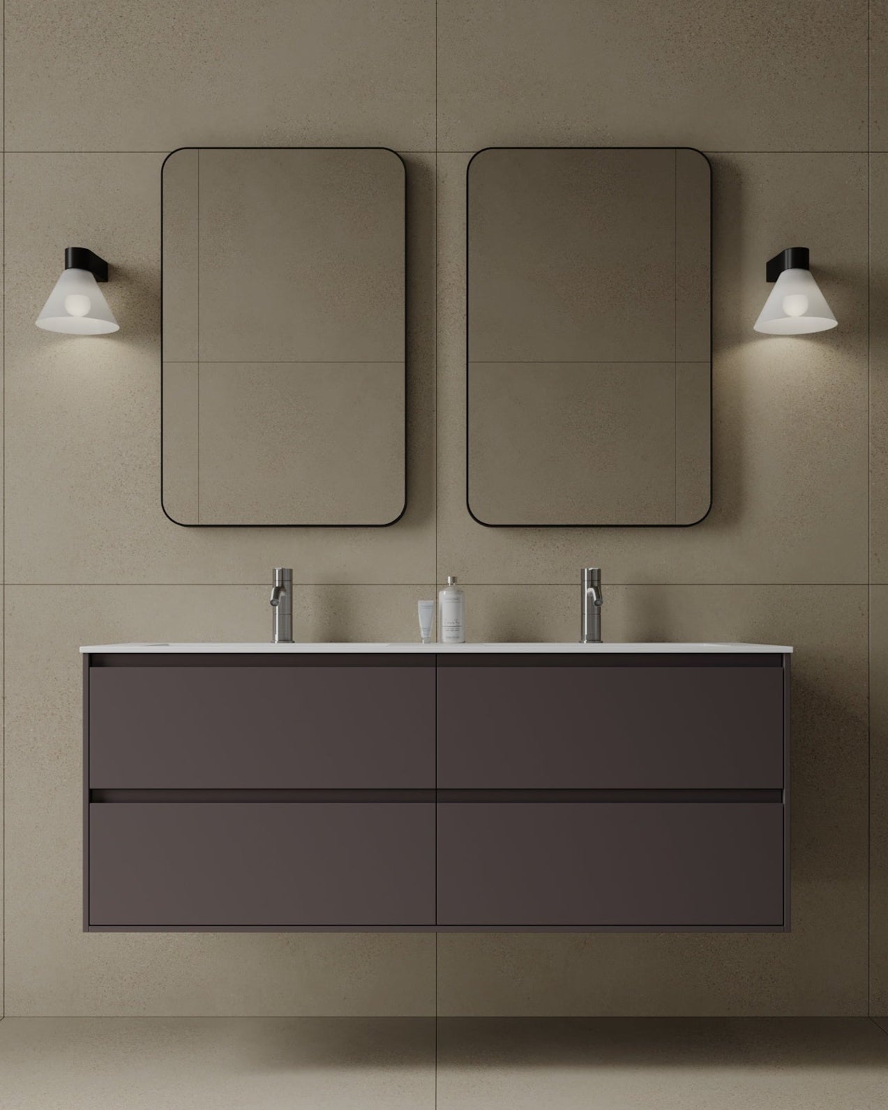 55" Wall-Mounted MDF Vanity with Solid Surface Countertop