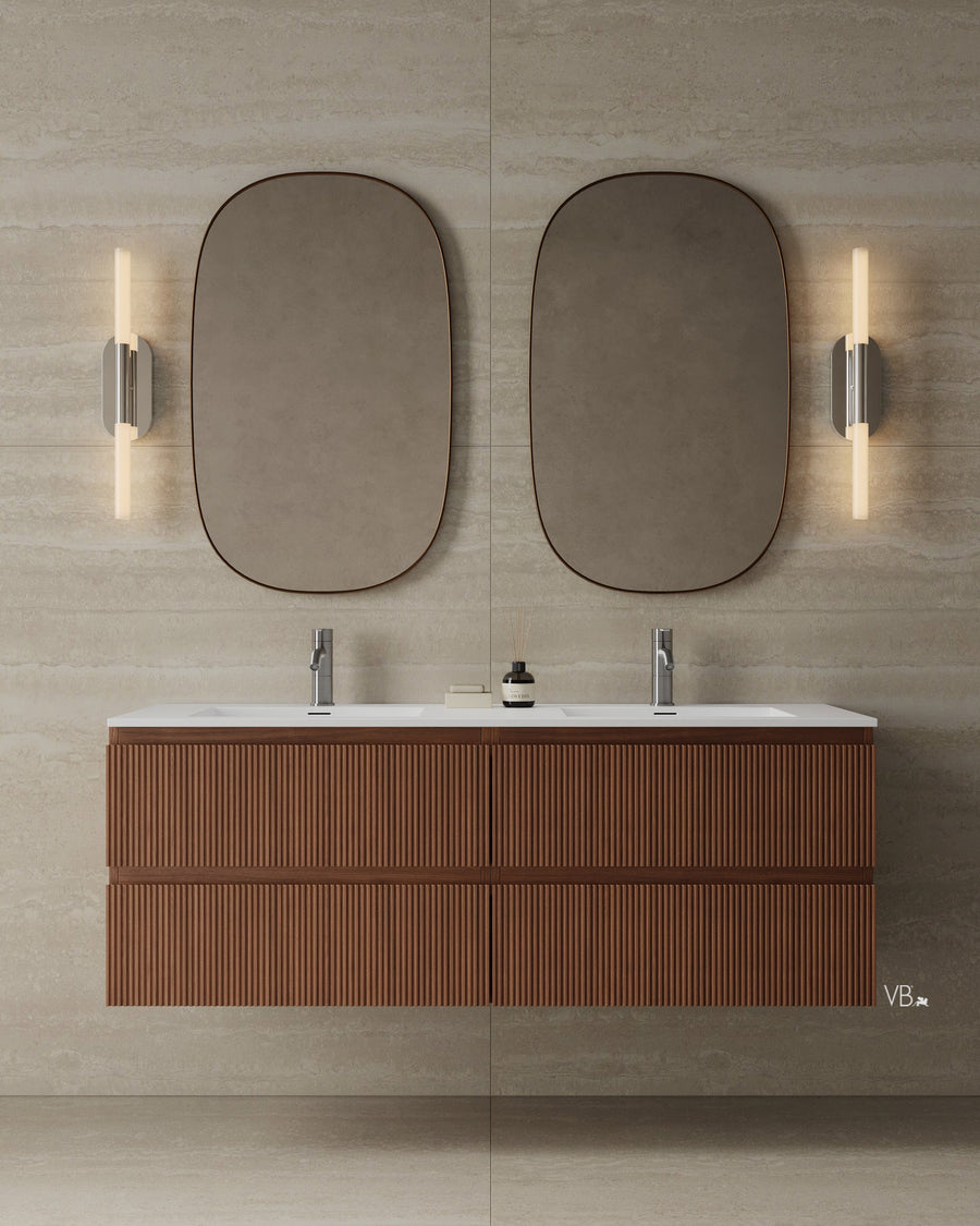 59" Wall-Mounted Wood Veneer Vanity With Solid Surface Basin