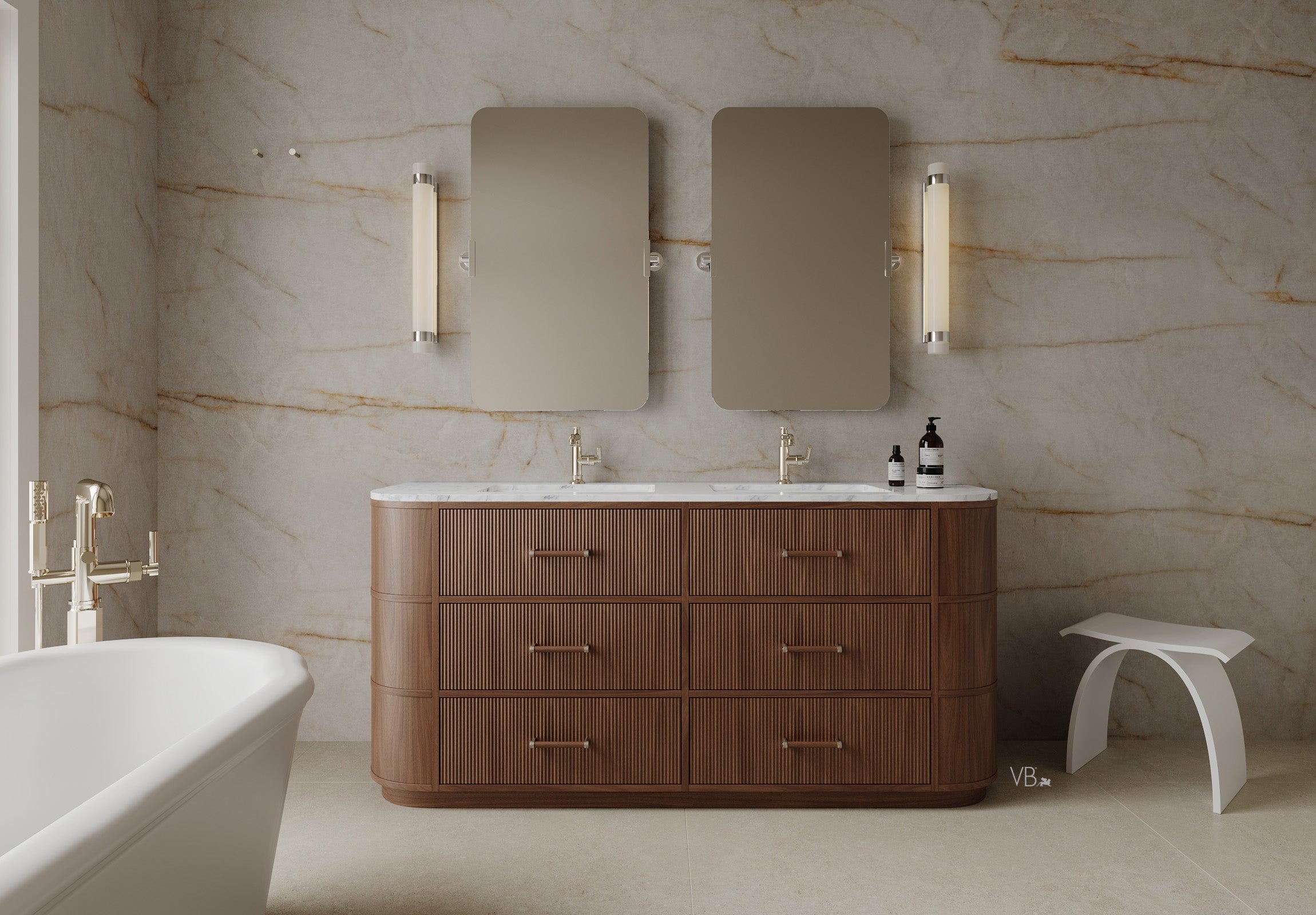 72" Freestanding Wood Veneer Vanity With Marble Countertop