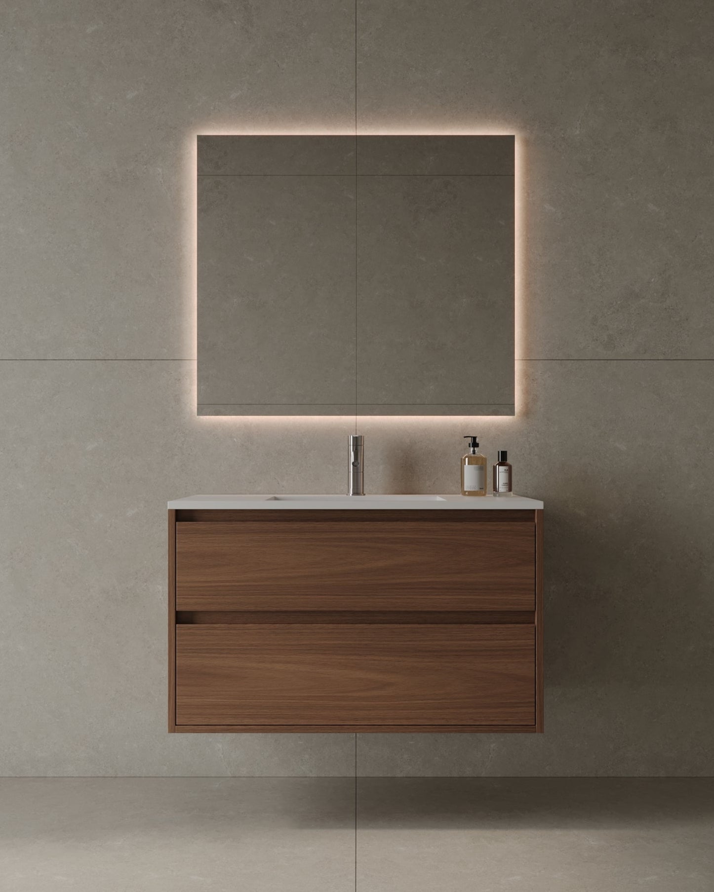 36" Wall-Mounted Wood Veneer Vanity With Solid Surface Basin