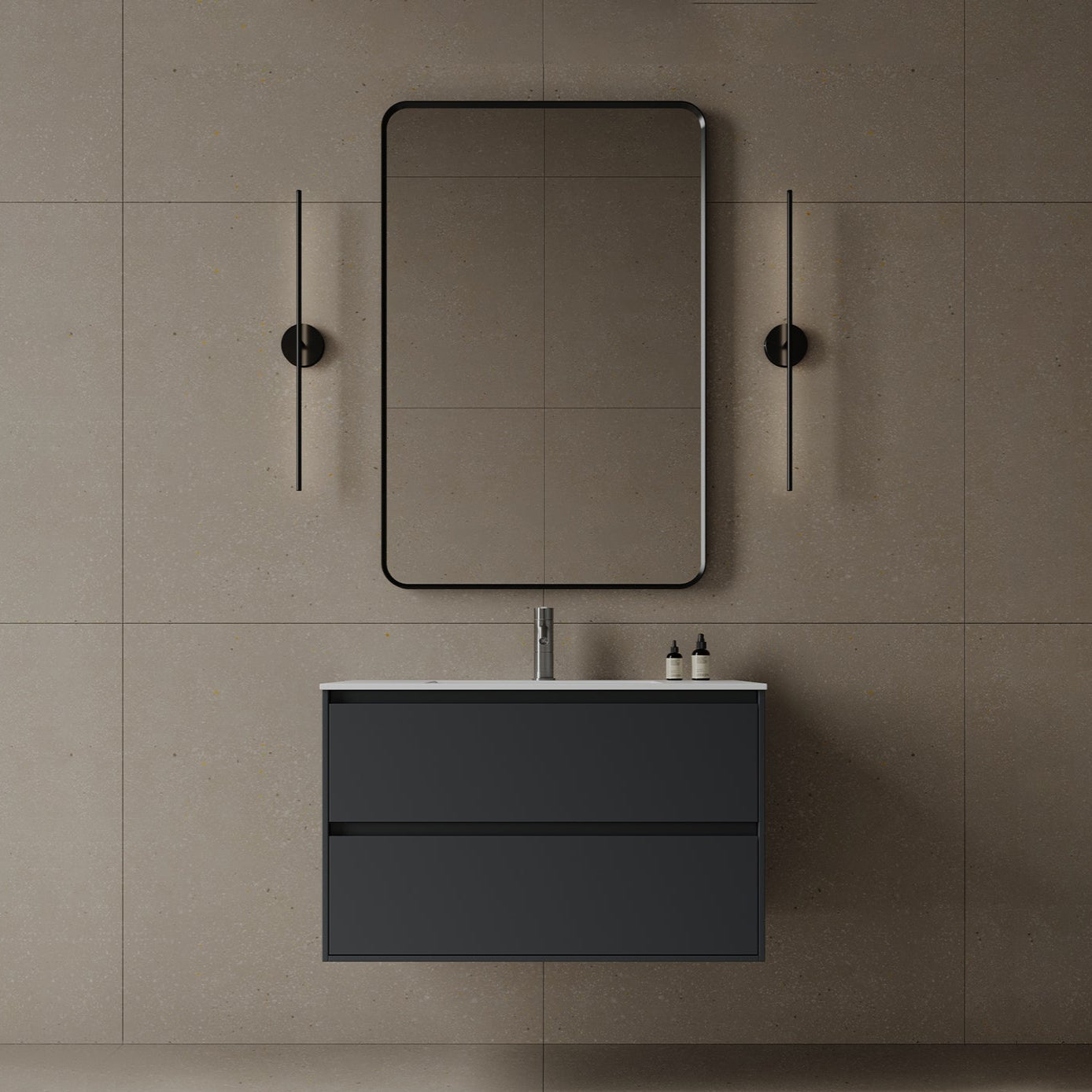 36" Wall-Mounted MDF Vanity with Solid Surface Countertop