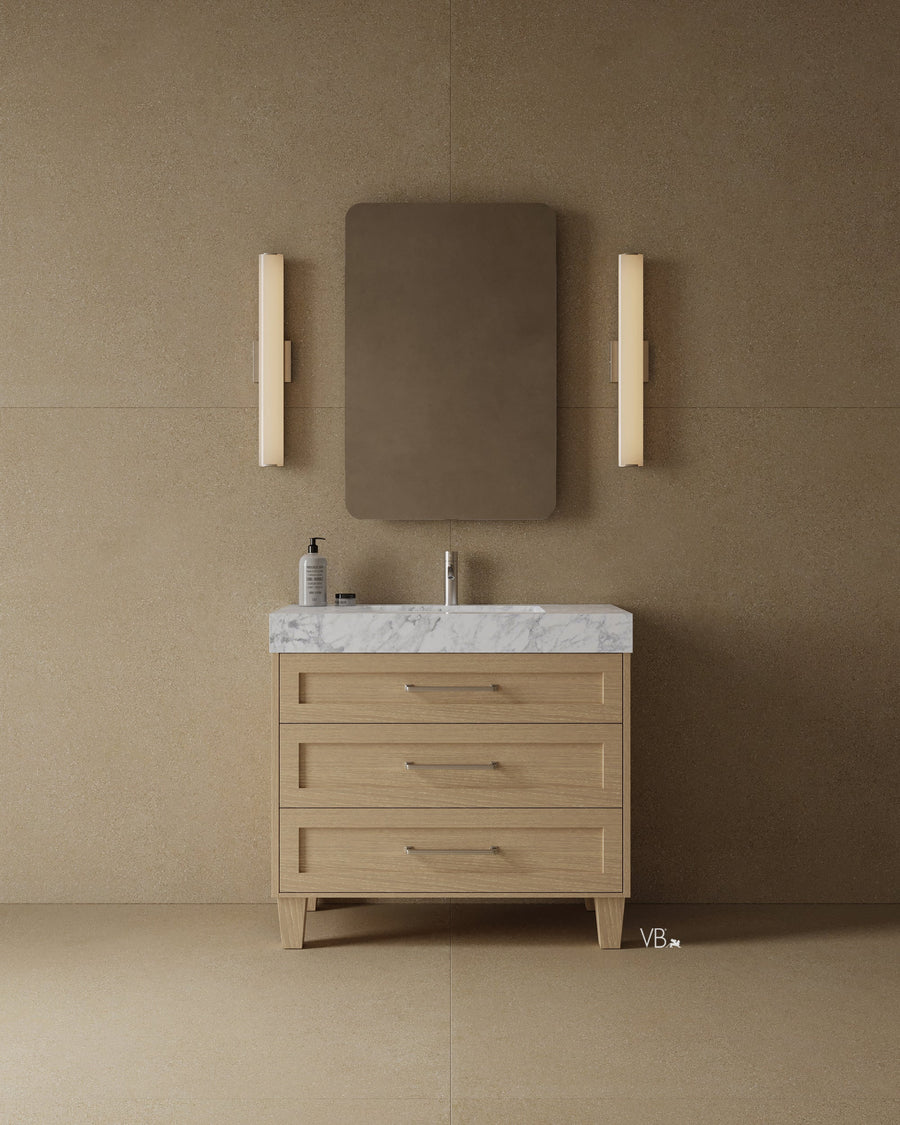 36" Freestanding Wood Veneer Vanity with Carrara Marble Countertop