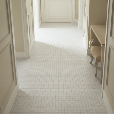 12x12 Arctic White Satin Porcelain Mosaic Tile sheet with bright square grid – TF Renovations Mississauga