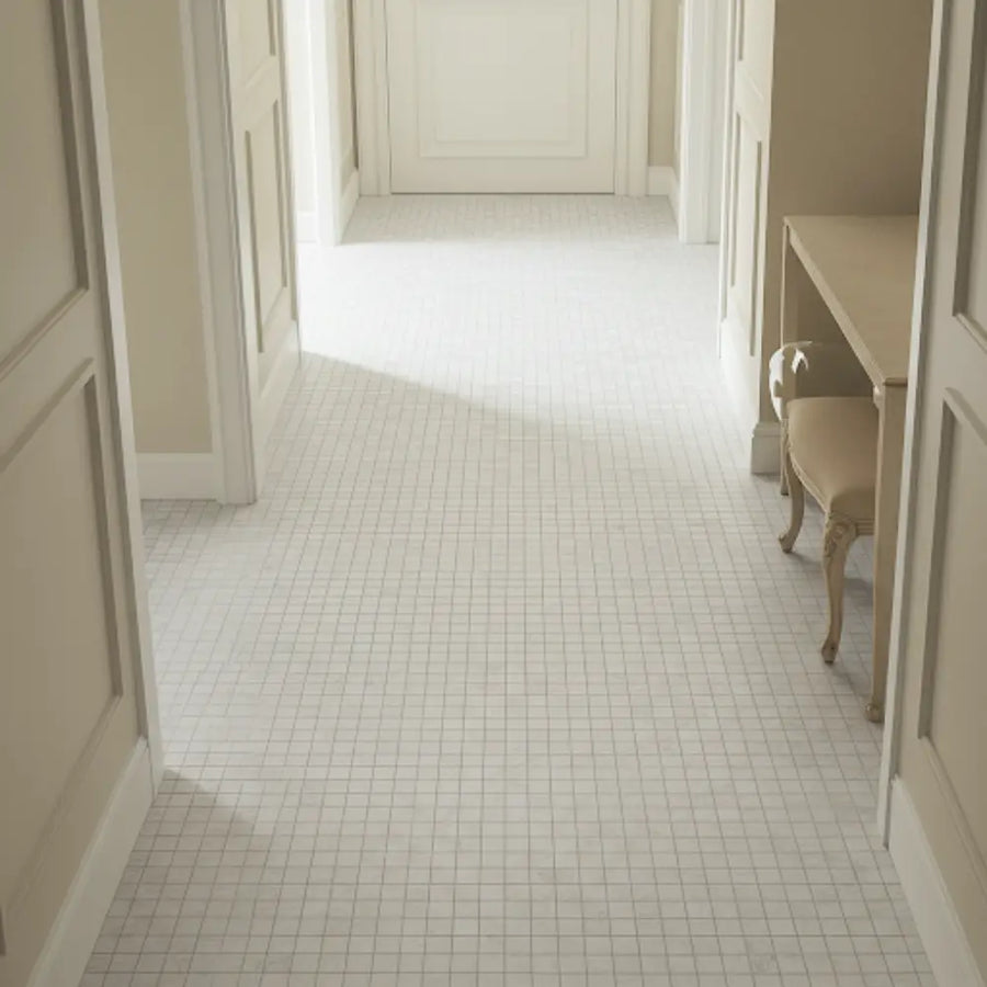 12x12 Arctic White Satin Porcelain Mosaic Tile sheet with bright square grid – TF Renovations Mississauga