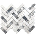 Natural veining detail on Arctic Mist herringbone mosaic tile for Guelph feature walls