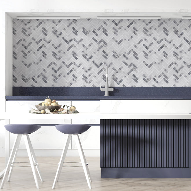 Arctic Mist herringbone marble mosaic as elegant kitchen backsplash in Milton GTA renovation