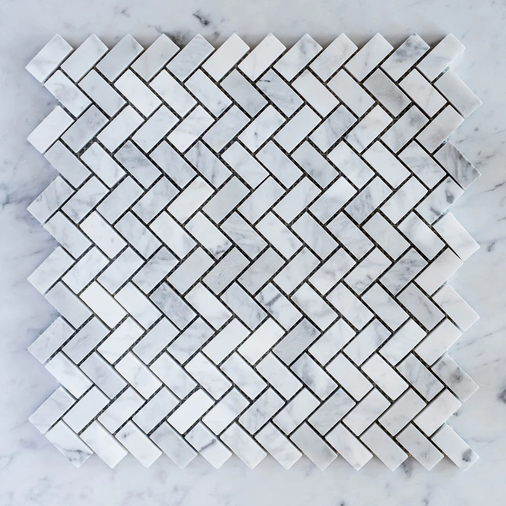12x12 Arctic Mist Herringbone Marble Mosaic sheets ready for fast GTA delivery from TF Renovations warehouse