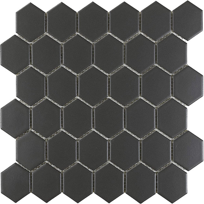 Subtle satin sheen detail on Midnight Hexagon mosaic tile for Guelph feature walls