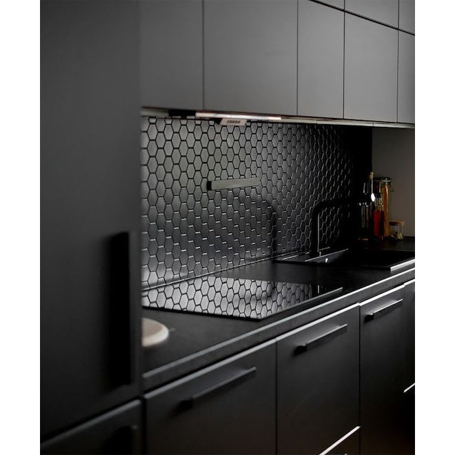 12x12 Midnight Hexagon Porcelain Mosaic Tile sheet with deep charcoal satin finish – TF Renovations Mississauga