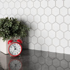 12x12 Snowfall Hexagon Satin Porcelain Mosaic Tile sheet with bright white geometric pattern – TF Renovations Mississauga