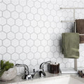 Snowfall Hexagon satin mosaic as clean Kitchen backsplash in Cambridge GTA bathroom renovation