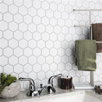 Snowfall Hexagon satin mosaic as clean Kitchen backsplash in Cambridge GTA bathroom renovation