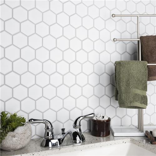 Snowfall Hexagon satin mosaic as clean Kitchen backsplash in Cambridge GTA bathroom renovation
