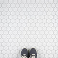 Soft satin sheen detail on Snowfall Hexagon mosaic tile for Kitchener feature walls