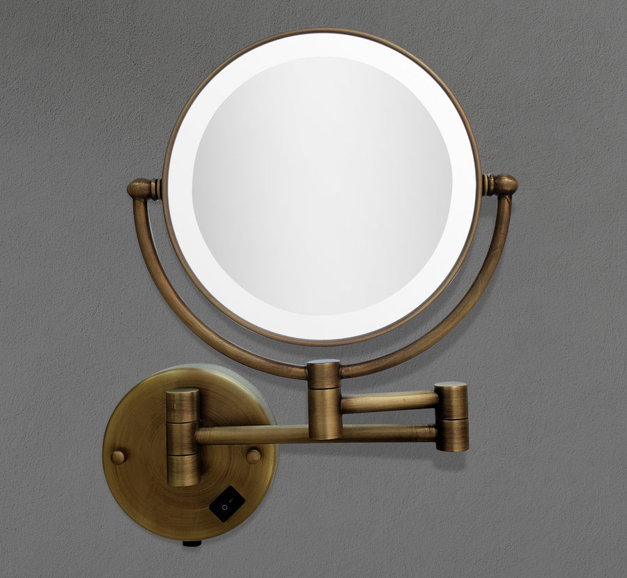 8" Circle Wall Mounted LED Vanity Makeup Mirror 1x and 3x Magnification in Antique Brass