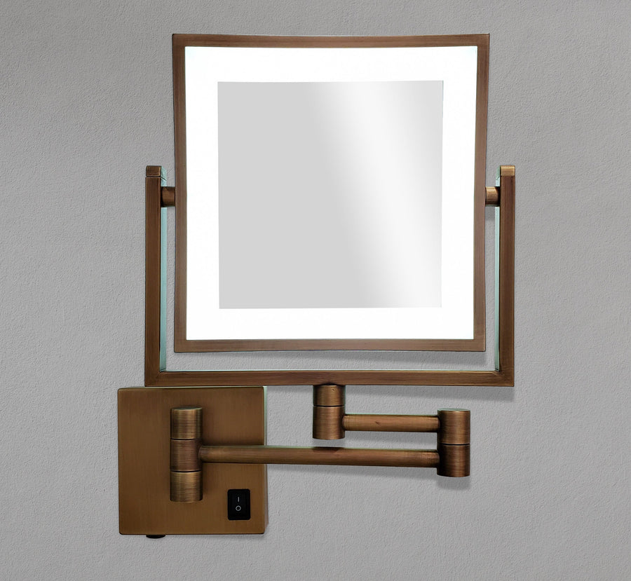 8" Square Revolving LED Vanity Makeup Mirror with 1x and 3x Magnification in Antique Brass
