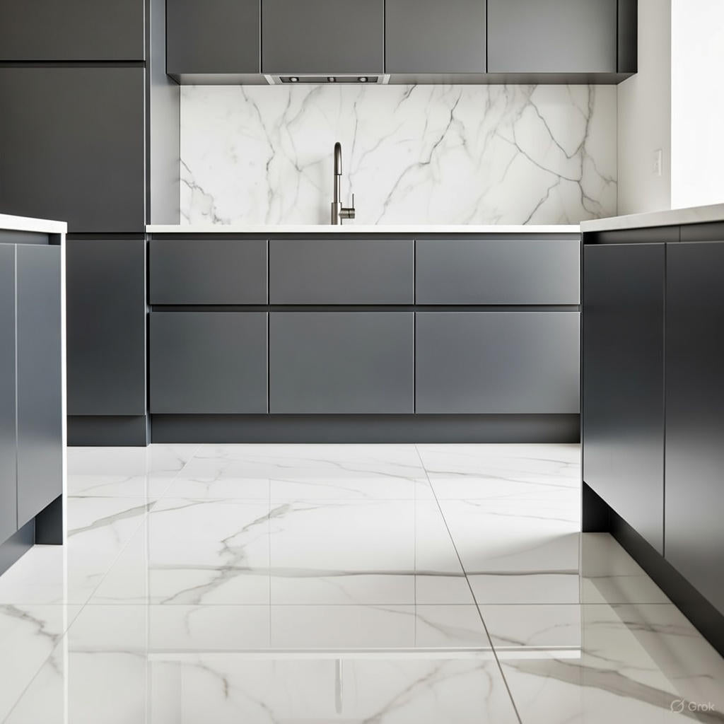 Carrara polished porcelain tile installed as luxury kitchen floor in GTA renovation