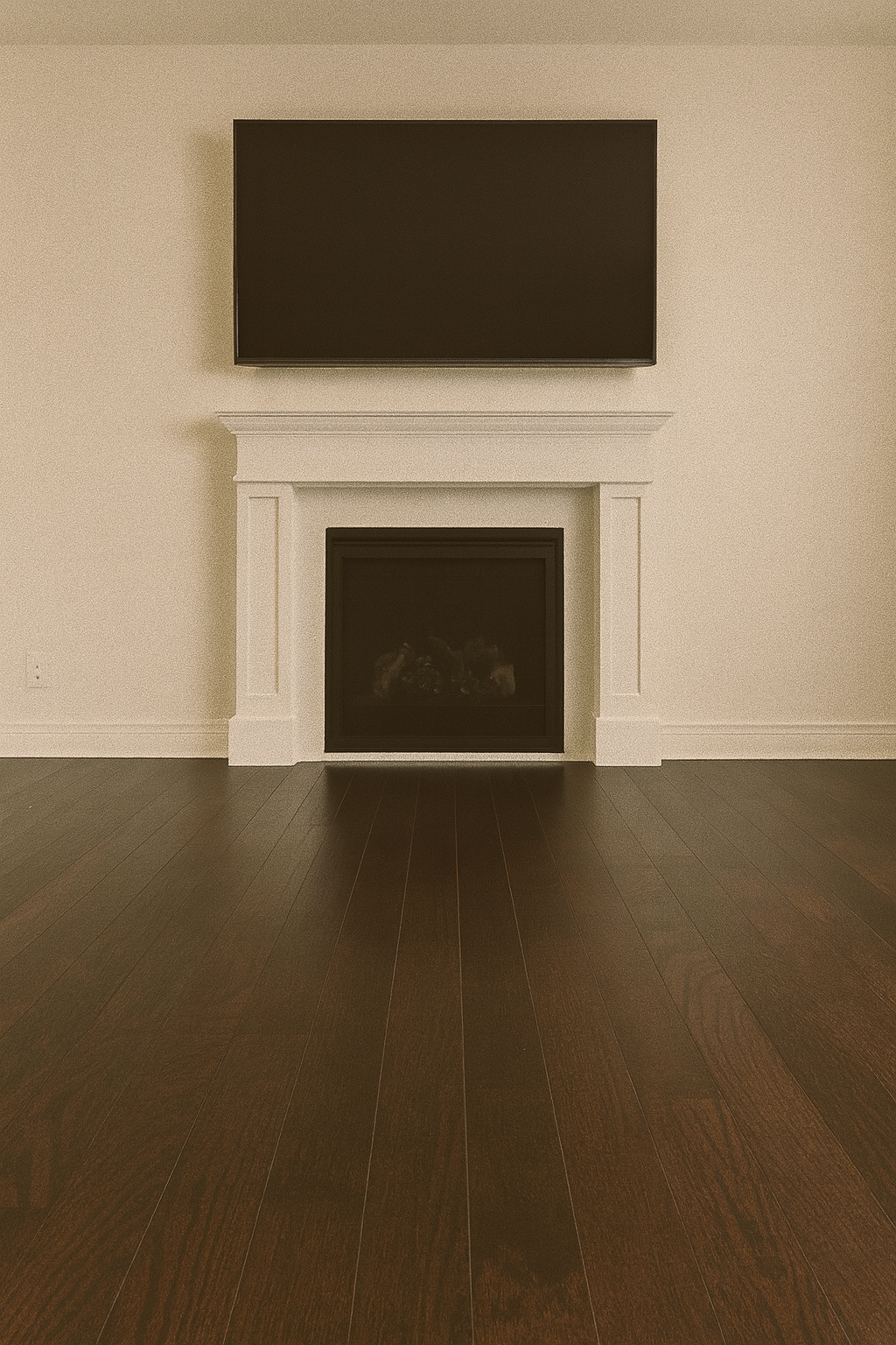 Classic Espresso Brown 3/4″ solid hardwood flooring in Oakville elegant living room with fireplace renovation