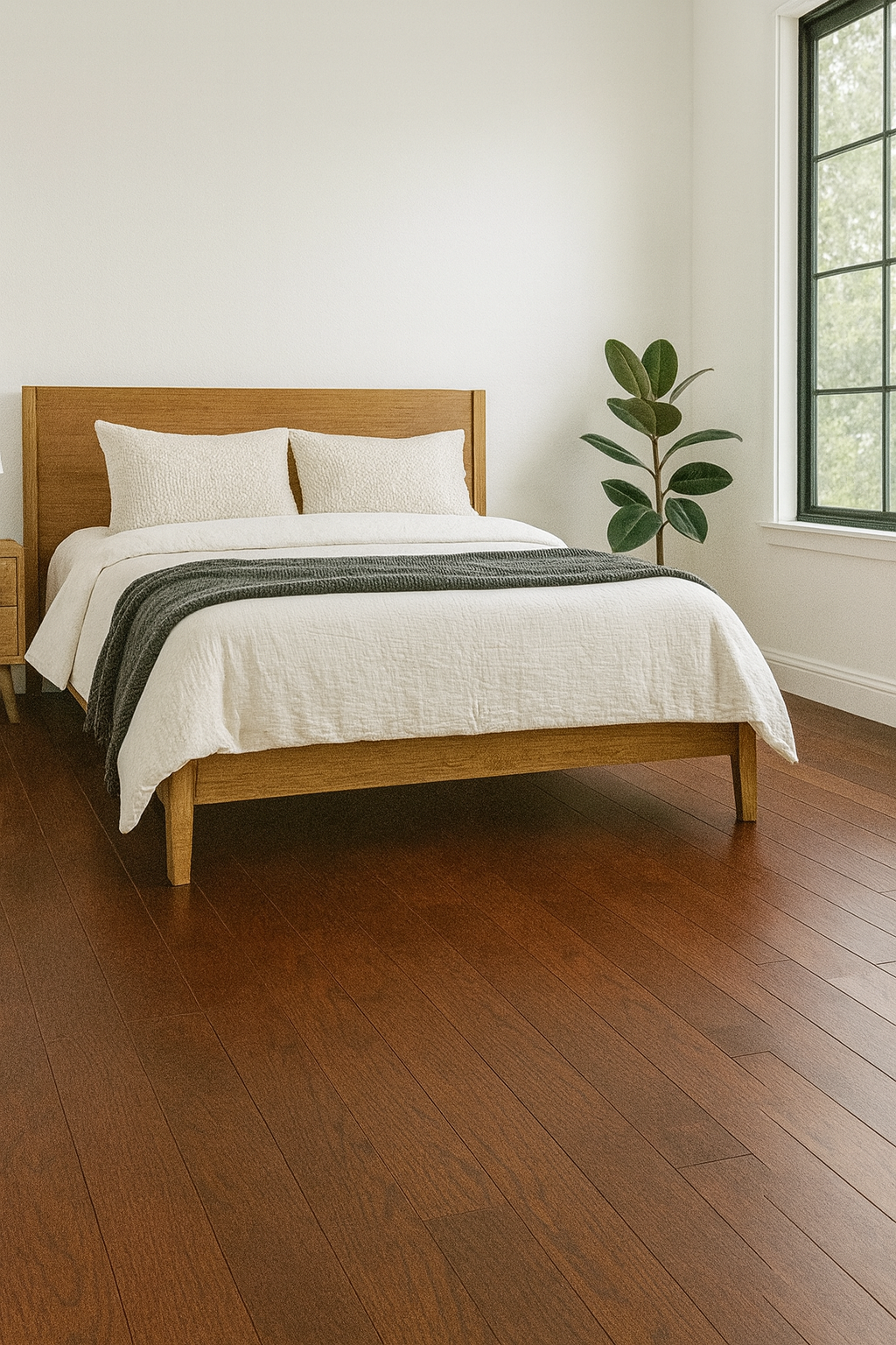 Dark Chestnut 3/4″ solid hardwood flooring in Oakville sophisticated bedroom renovation