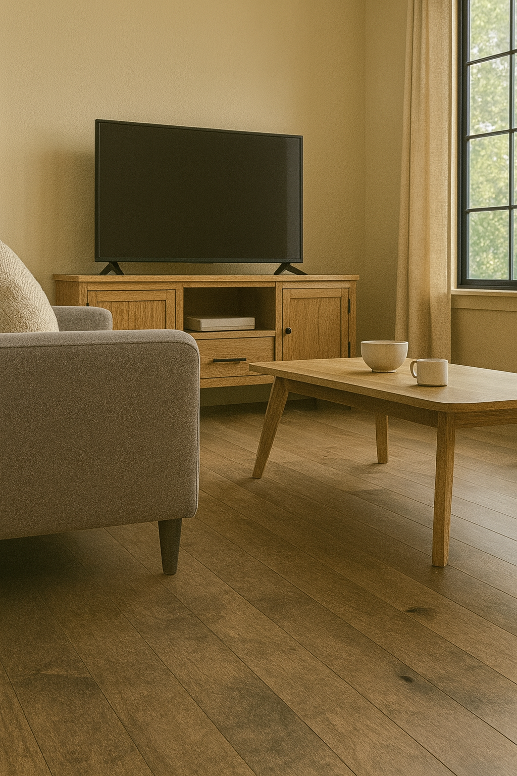 Driftwood Brown 3/4″ solid hardwood flooring in Milton contemporary living room renovation