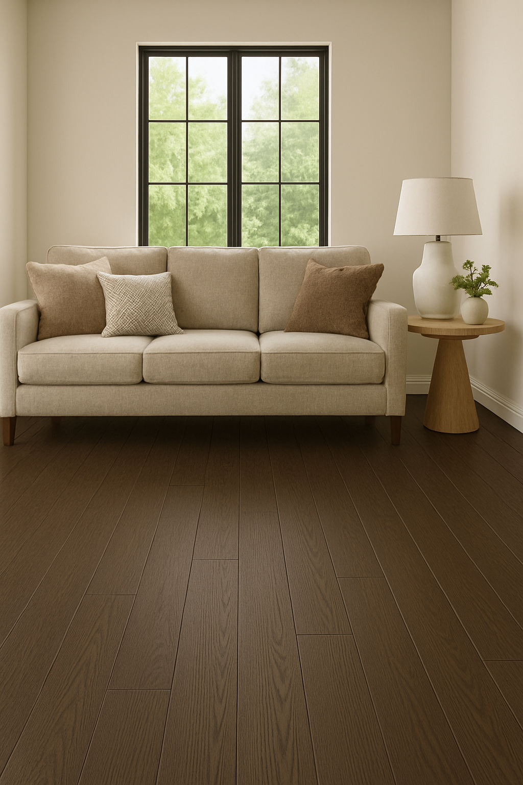 Espresso Brown 3/4″ solid hardwood flooring in Oakville warm living room renovation