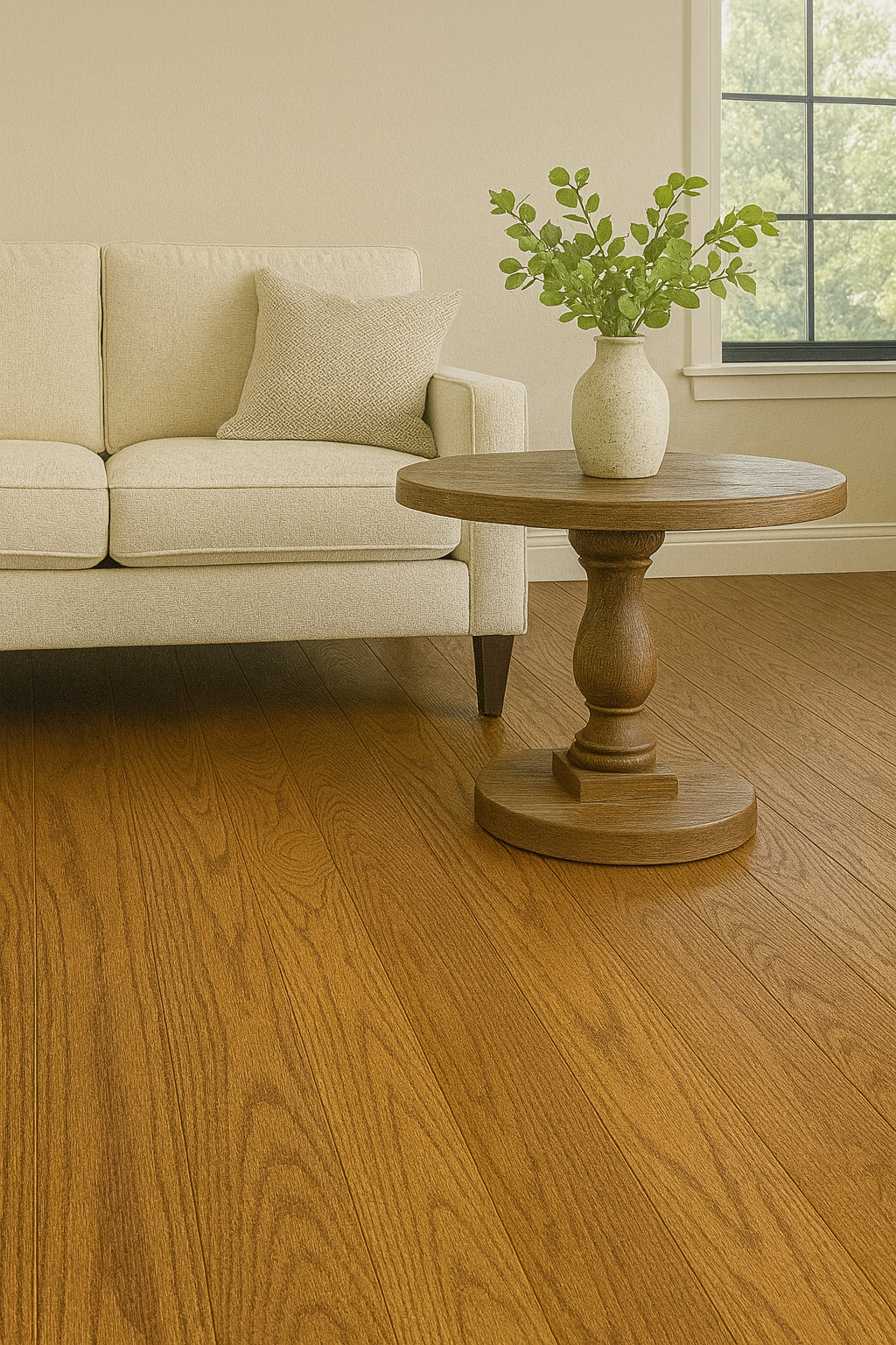 Honey Bronze 3/4″ solid hardwood flooring in Milton cozy living room renovation