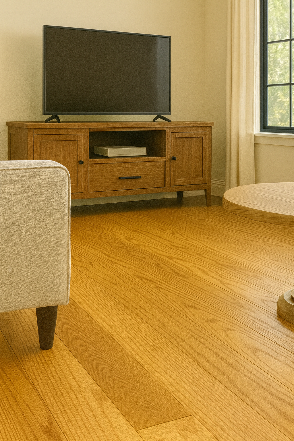 Natural Honey Oak 3/4″ solid hardwood flooring in Oakville bright living room renovation