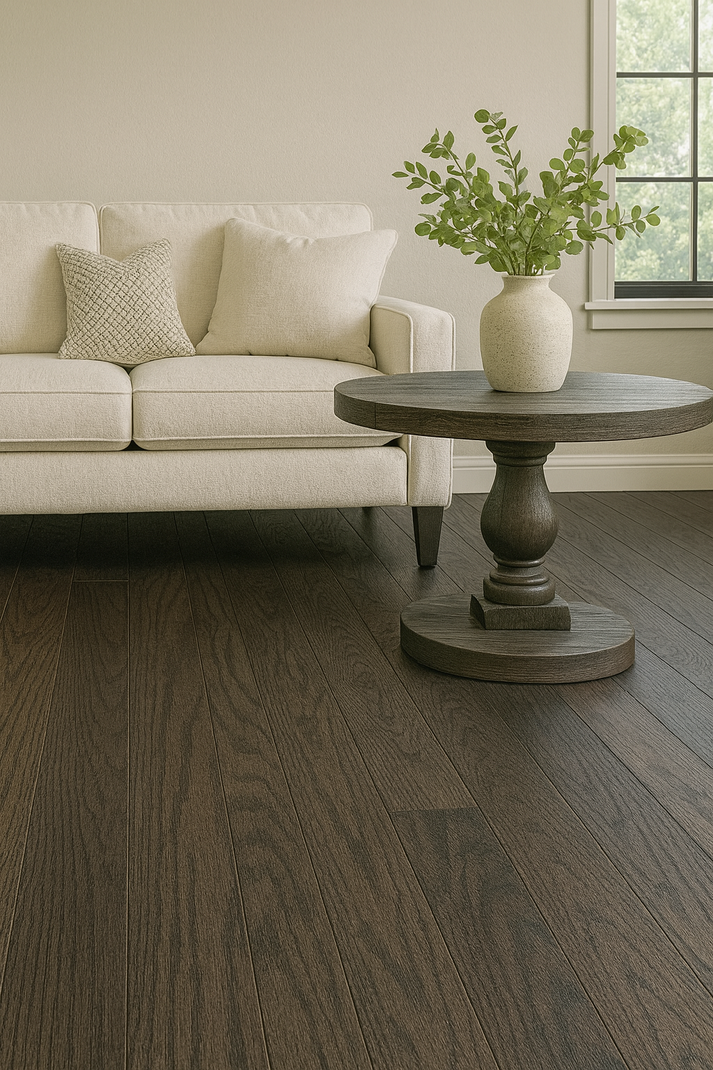 Slate Brown 3/4″ solid hardwood flooring in Kitchener modern living room renovation