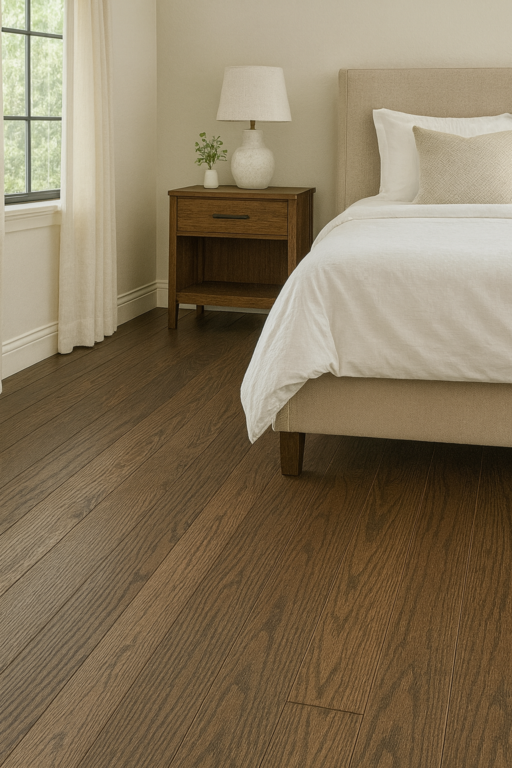 Smoky Mocha 3/4″ solid hardwood flooring in Cambridge calm bedroom renovation