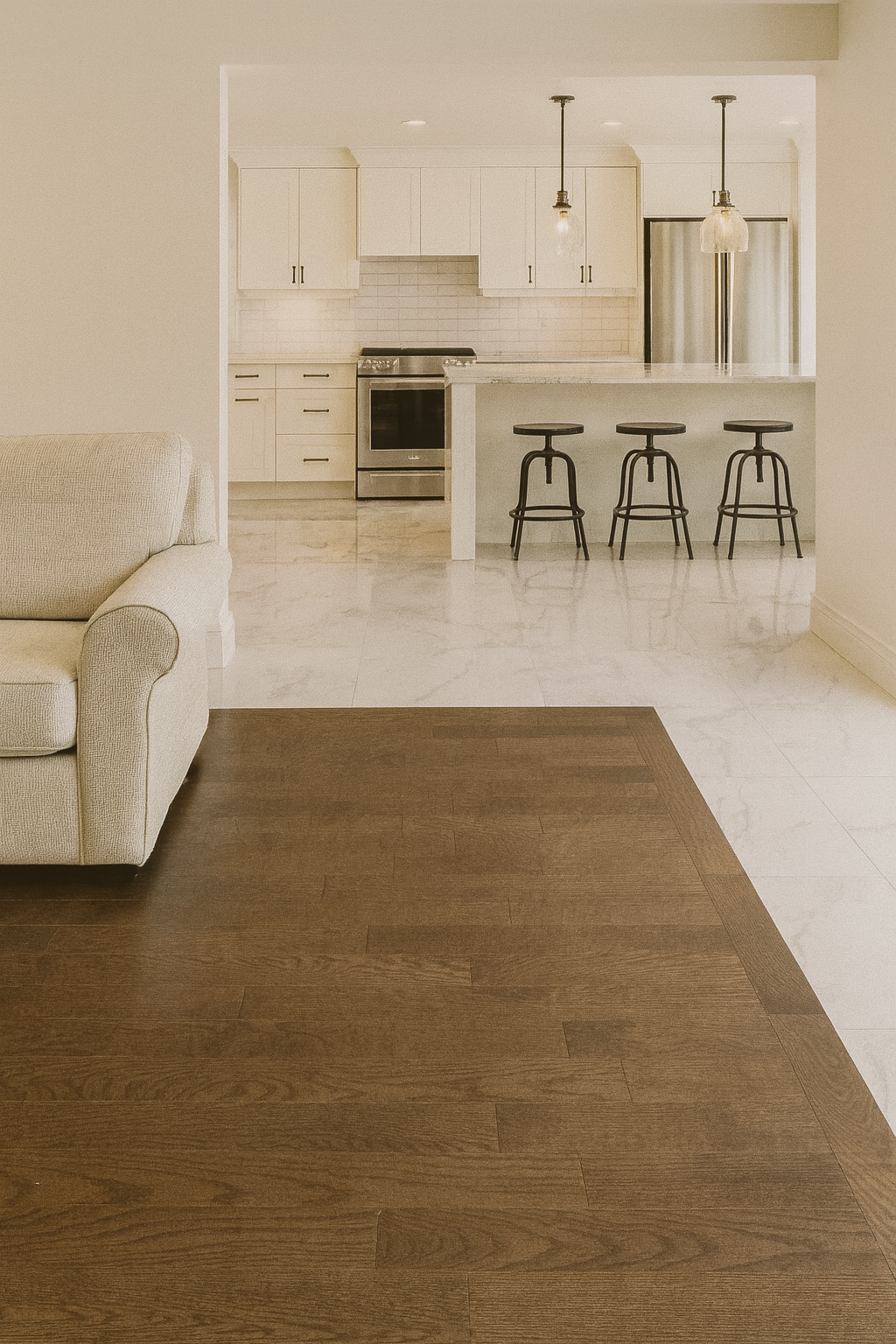 Urban Walnut 3/4″ solid hardwood flooring in Milton open living-kitchen transition renovation