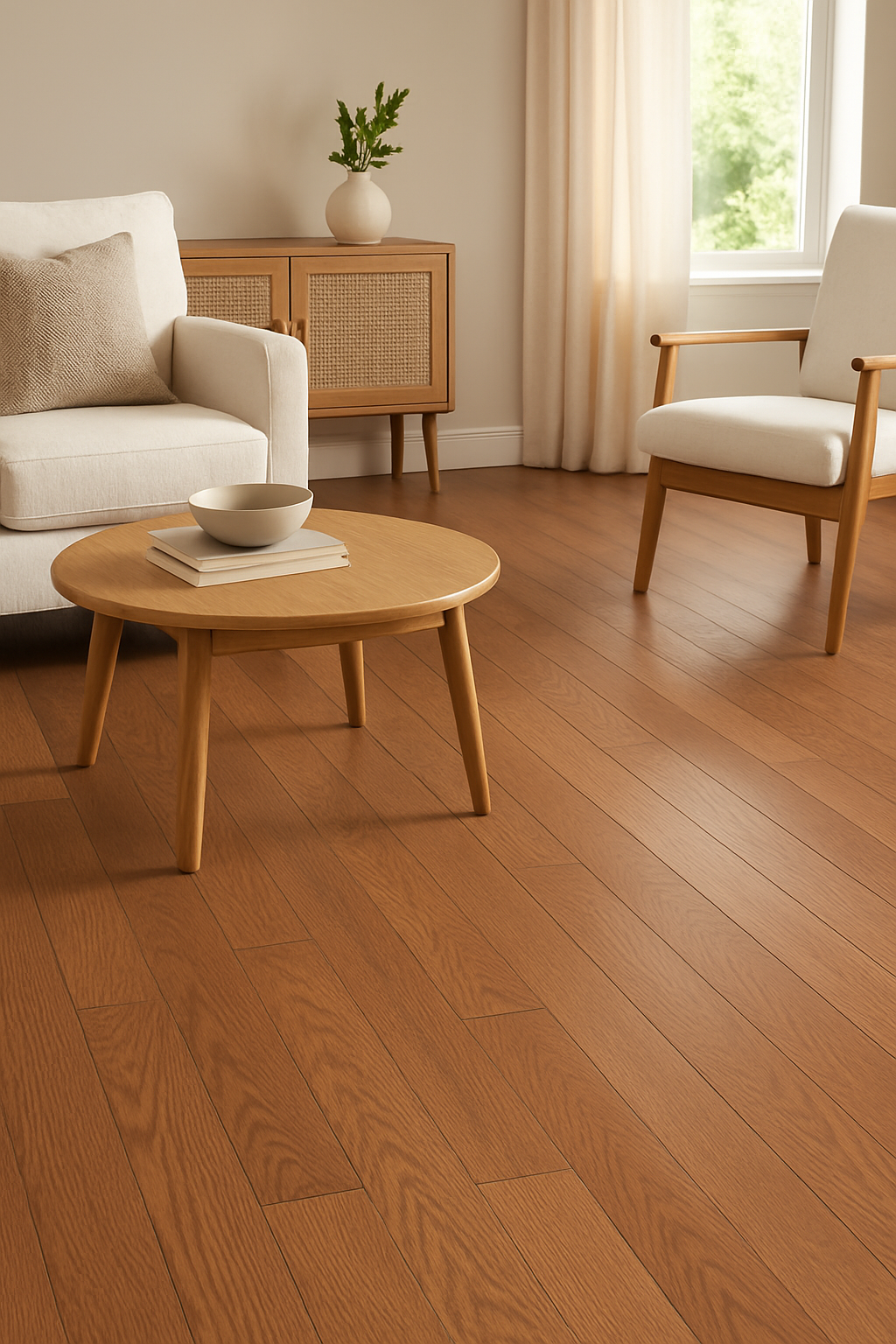 Warm Chestnut 3/4″ solid hardwood flooring in Milton cozy living room renovation
