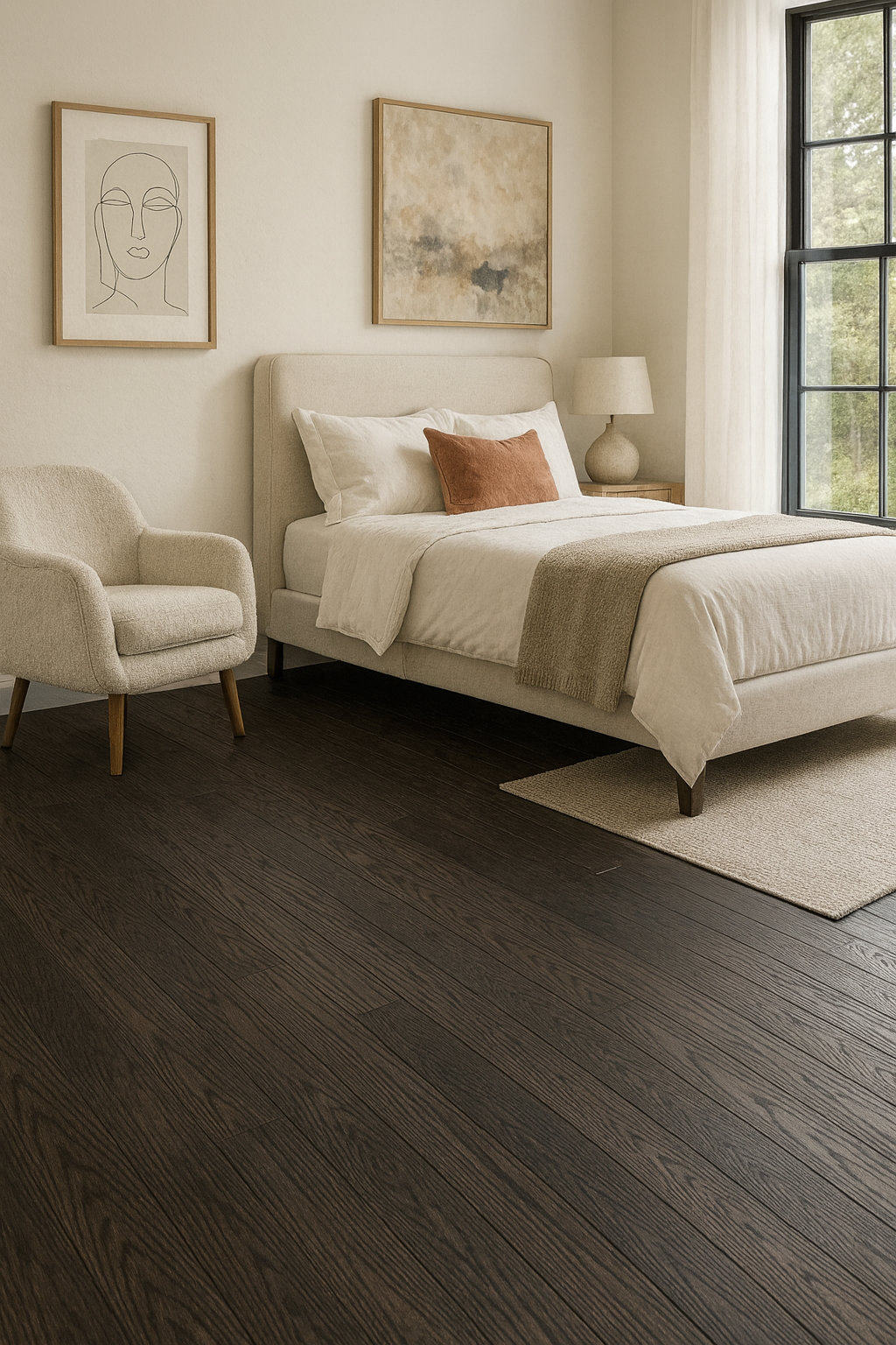 Midnight Oak 3/4″ solid hardwood flooring in Guelph dramatic bedroom renovation