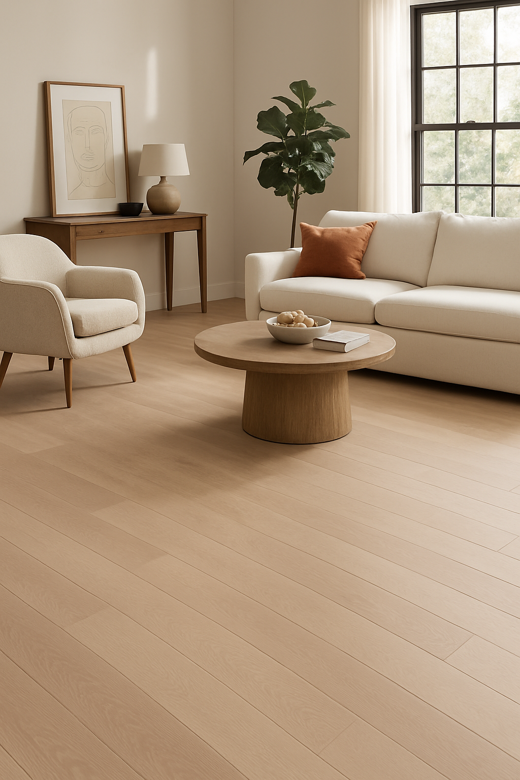 Sandstone White Oak 3/4″ solid hardwood flooring in Milton bright living room renovation
