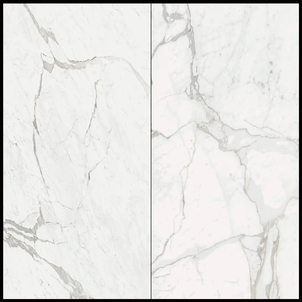48x96 Statuario Apuane Polished Porcelain Slab with bold grey veining on white – TF Renovations Mississauga