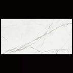 Dramatic flowing grey veins detail on Statuario Apuane thin porcelain slab for Guelph fireplaces